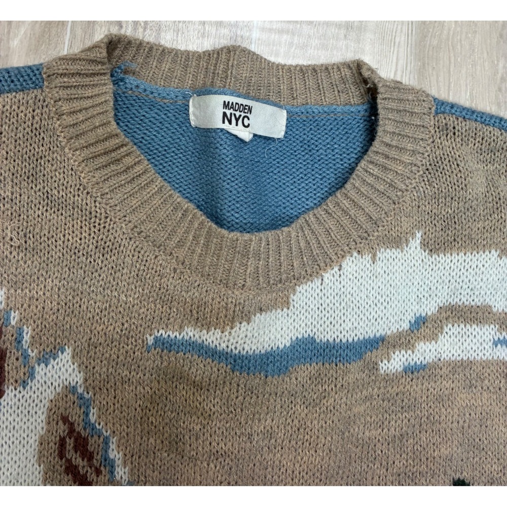 Madden NYC Womens Small Mountain Landscape  Knit Sweater Blue Brown Cropped - Picture 4 of 7